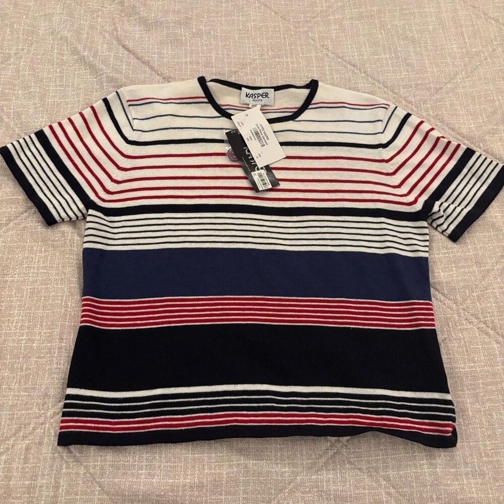 Kasper: NWT Petite Striped Short Sleeve Sweater Top Navy Red White Size 10P